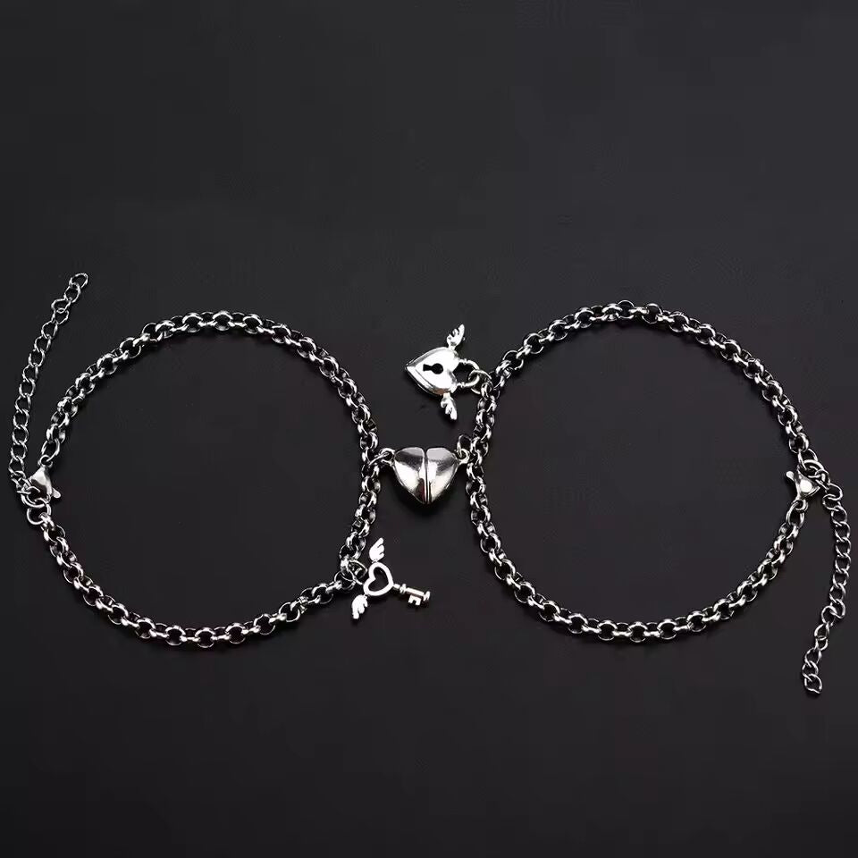1Pair Romantic Couple Bracelet for Women Men Heart Magnet Lock Key Double Layer Chain Bracelet Trendy Lover Jewelry Gifts