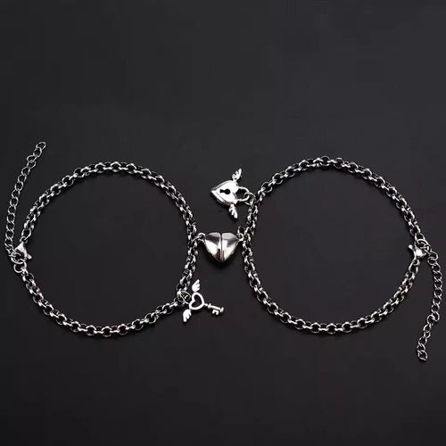 1Pair Romantic Couple Bracelet for Women Men Heart Magnet Lock Key Double Layer Chain Bracelet Trendy Lover Jewelry Gifts